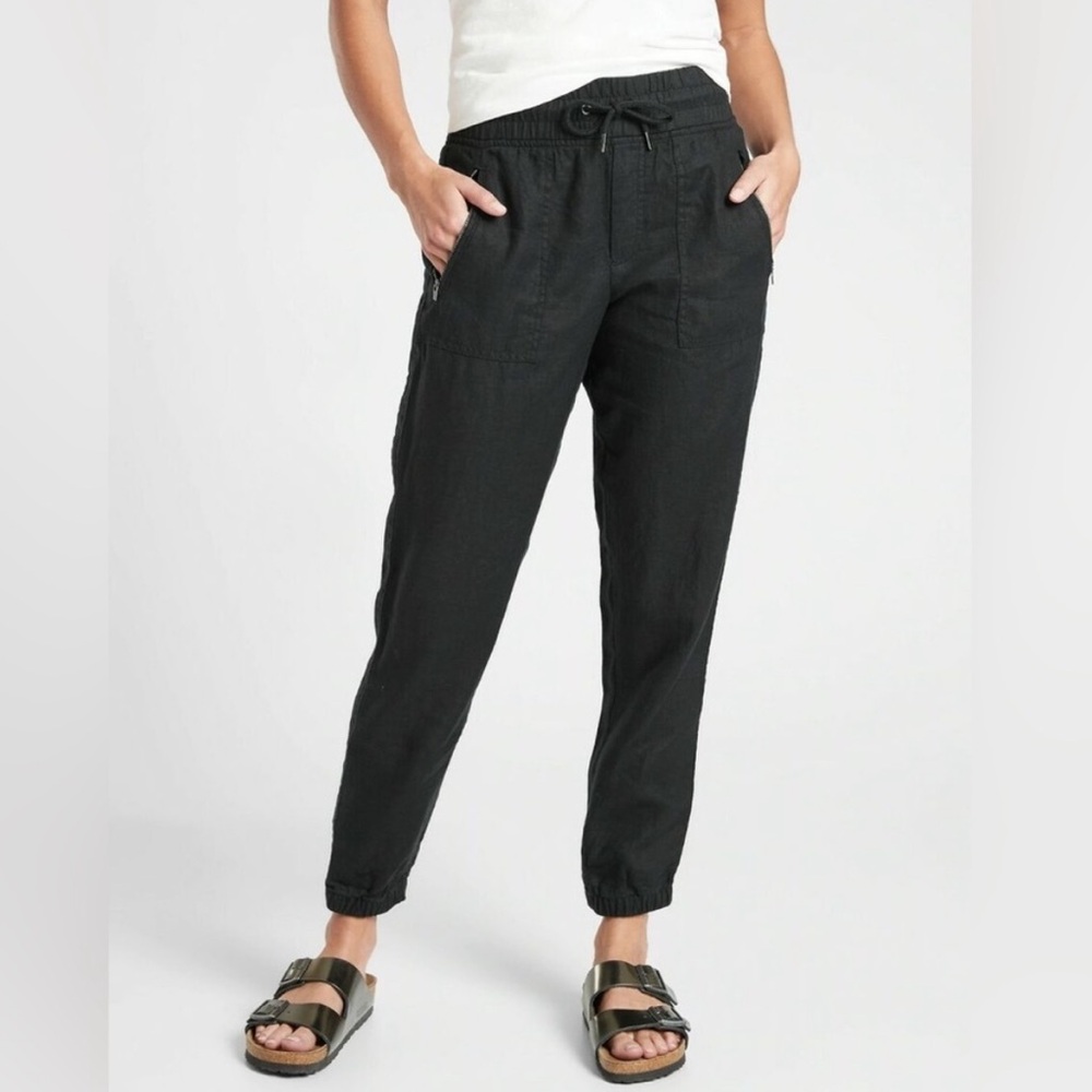 Athleta Cabo Linen Jogger Pants-Black-Zippered Pockets-Outdoor/Hiking-Size 2